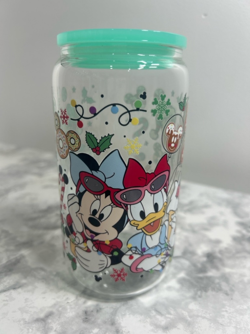 Disney Christmas 16oz Glass Cup w/ Lid Minnie Daisy Holiday Cute Tumbler
